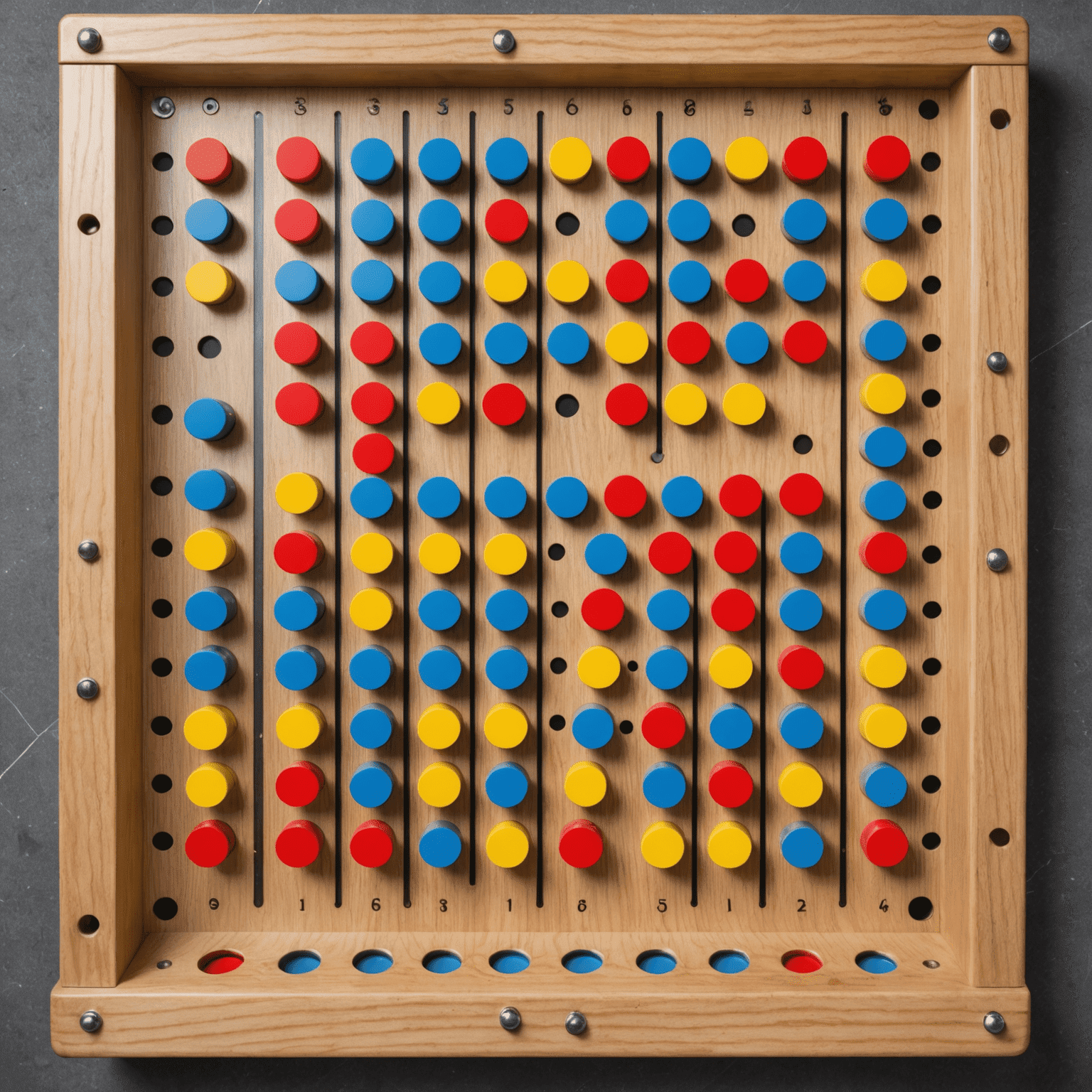 Un plateau de jeu Plinko avec des pions colorés tombant à travers un labyrinthe de chevilles