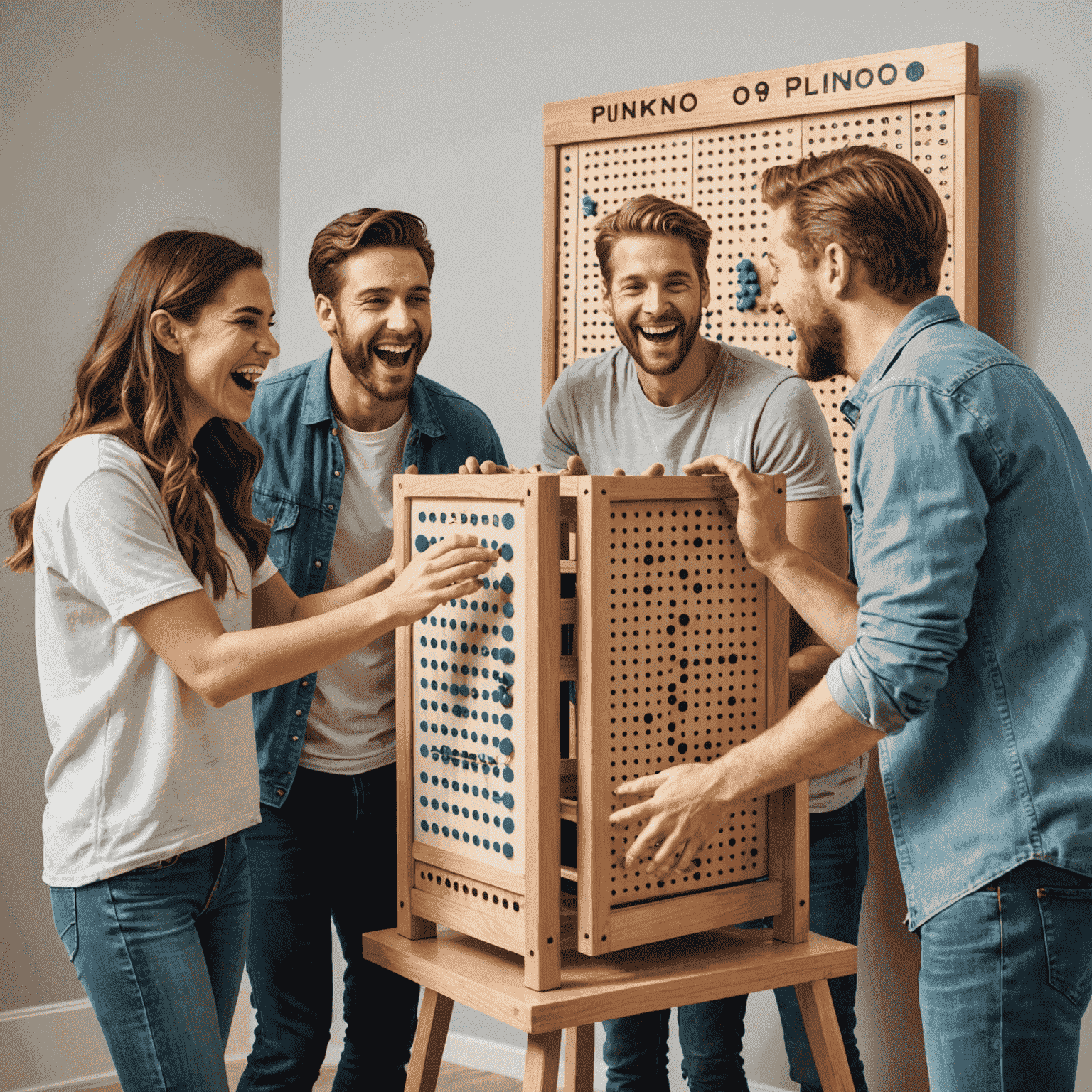 Un groupe d'amis s'amusant en jouant au Plinko ensemble, riant et se défiant amicalement.