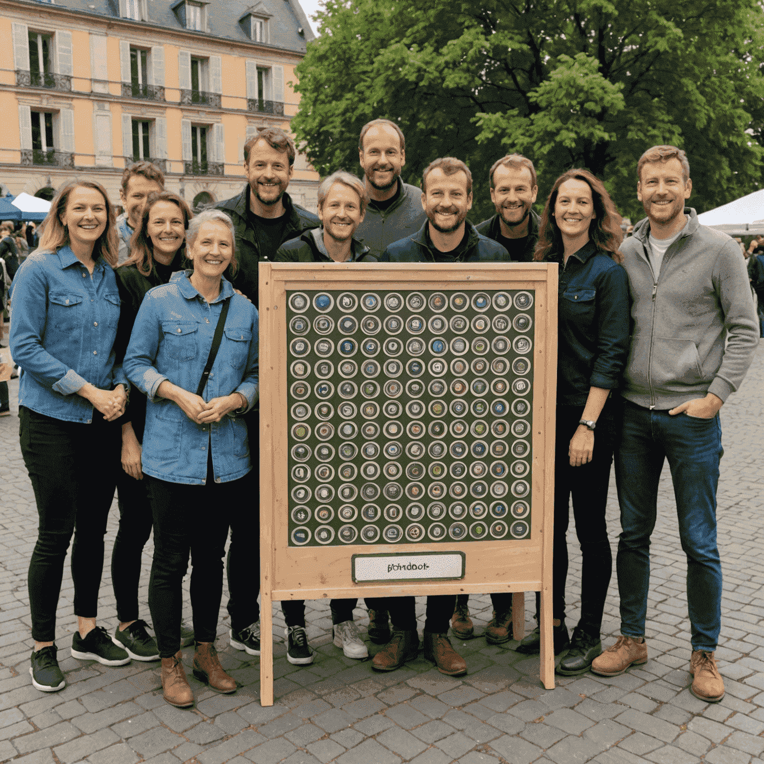 Photo de groupe de l'équipe playzplinkogames France lors d'un événement communautaire, avec des gens souriants tenant des panneaux Plinko