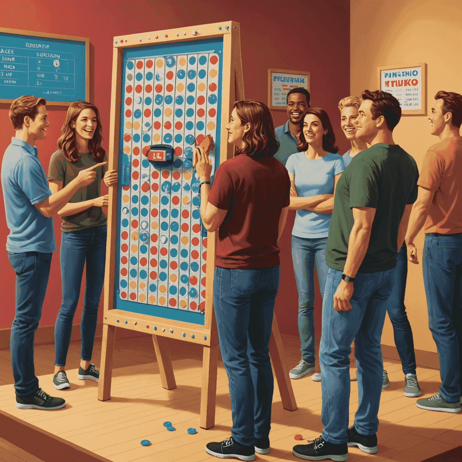 Illustration montrant un groupe d'amis participant à un tournoi de Plinko, avec un tableau de scores et des prix en arrière-plan.