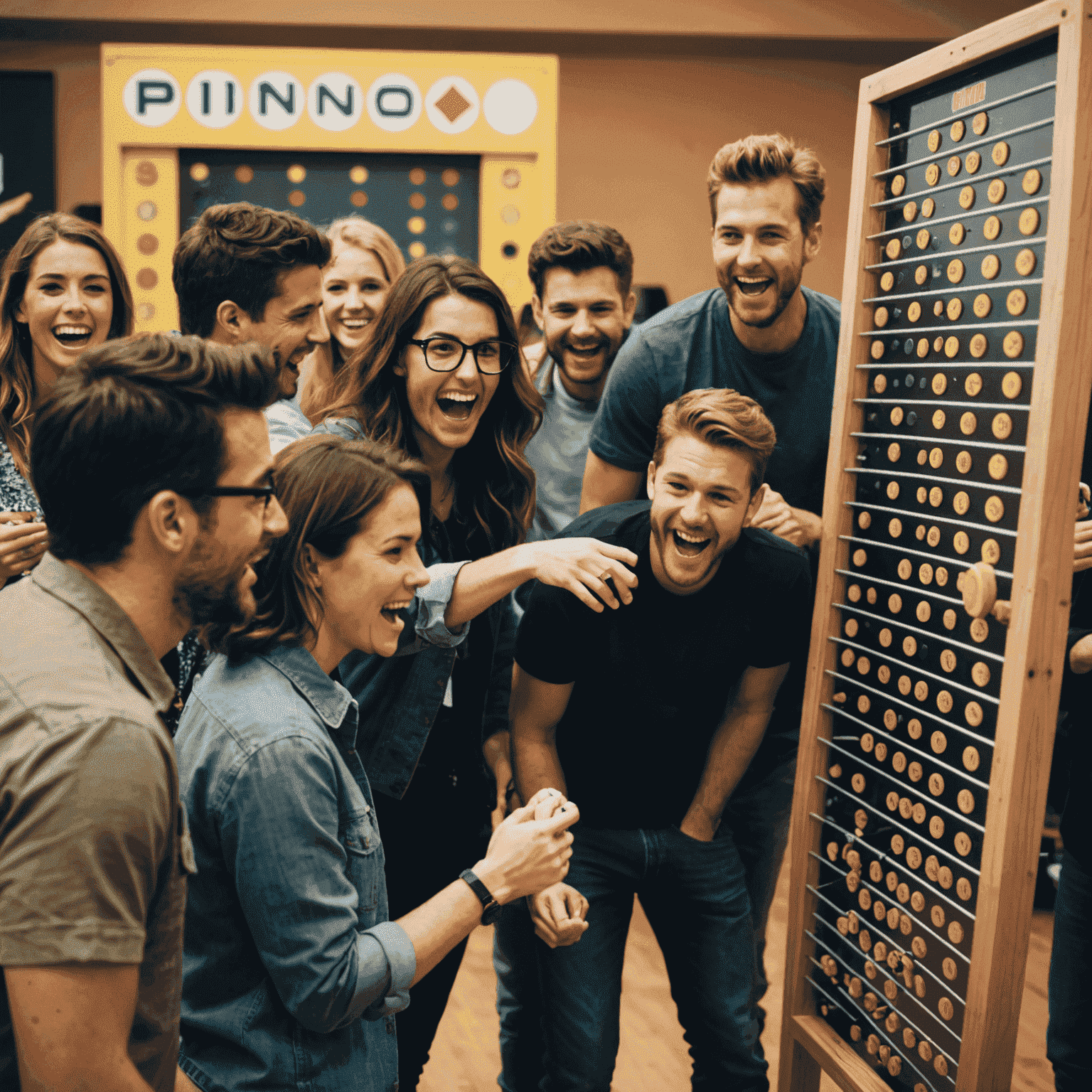 Photo d'un groupe d'amis s'amusant lors d'un tournoi de Plinko, avec un tableau de scores et des prix en arrière-plan.