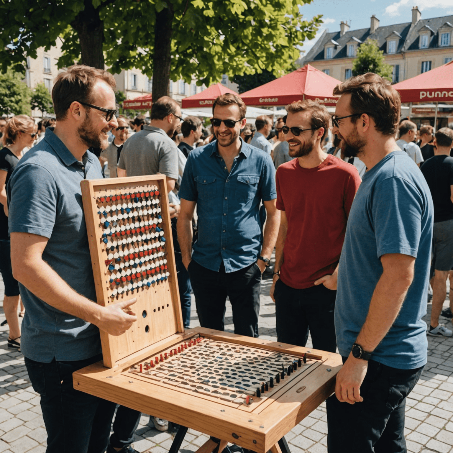 Photo d'un meetup communautaire playzplinkogames en France, avec des joueurs s'amusant autour d'une table de Plinko dans une ambiance conviviale